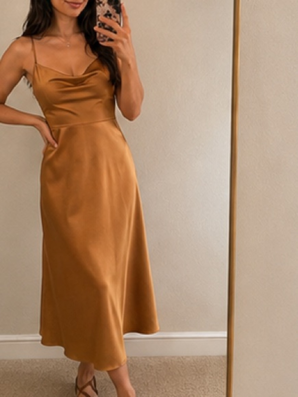 Jenny Yoo Satin Cowl Neck Midi Dress in Marigold